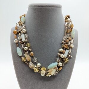 Multi Strand Beaded Necklace Gold Tone Earth Tone Green Amber Faux Pearl 16-19in